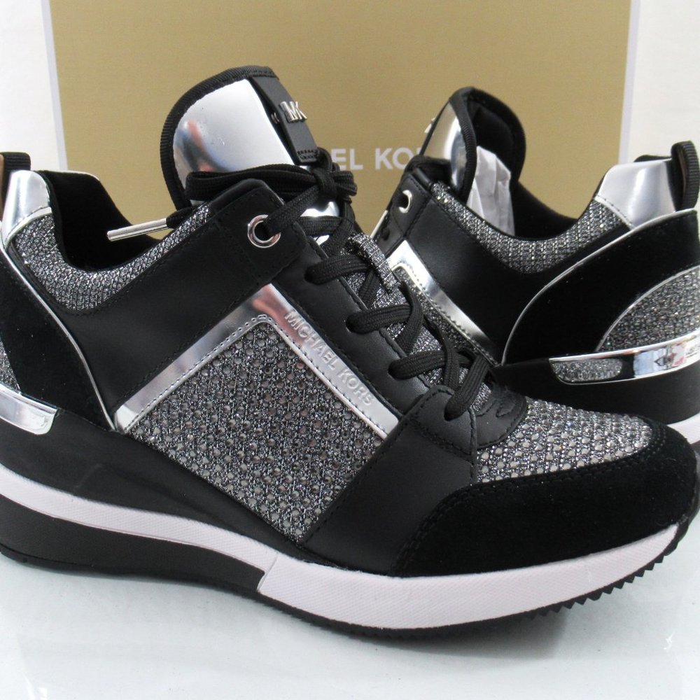 Michael Kors Georgie Trainer Wedge Sneakers Laces MK Logo Black / Grey - Picture 7 of 8